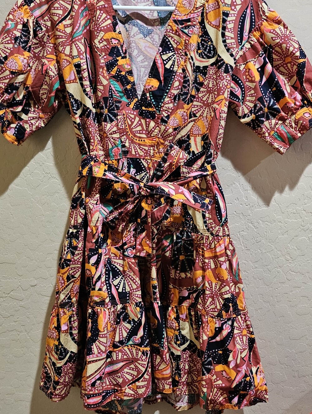 A.L.C. Multicolor Printed V-Neck Mini Dress in Pink and Black